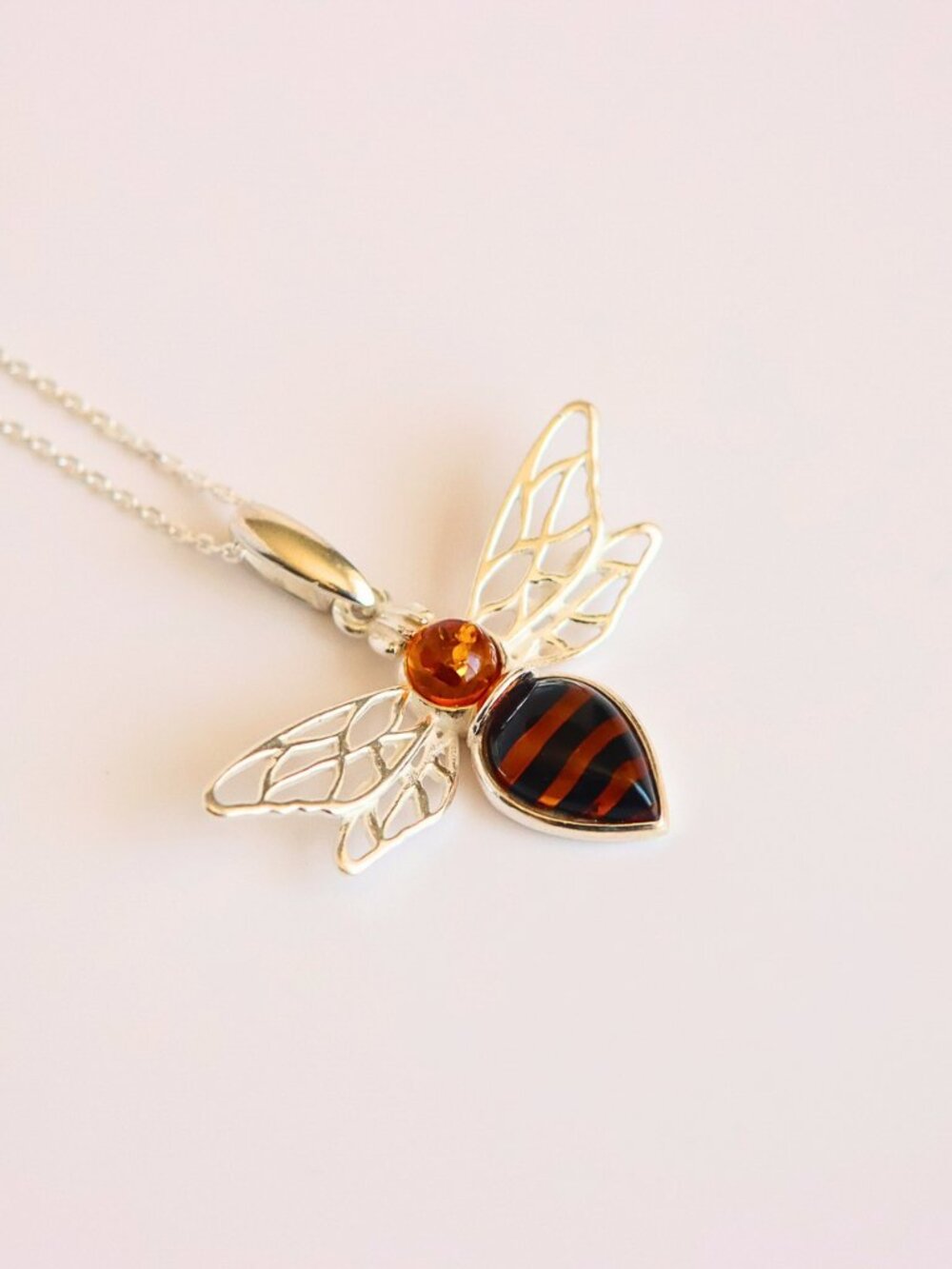 Baltic Amber Bee Necklace in Sterling Silver